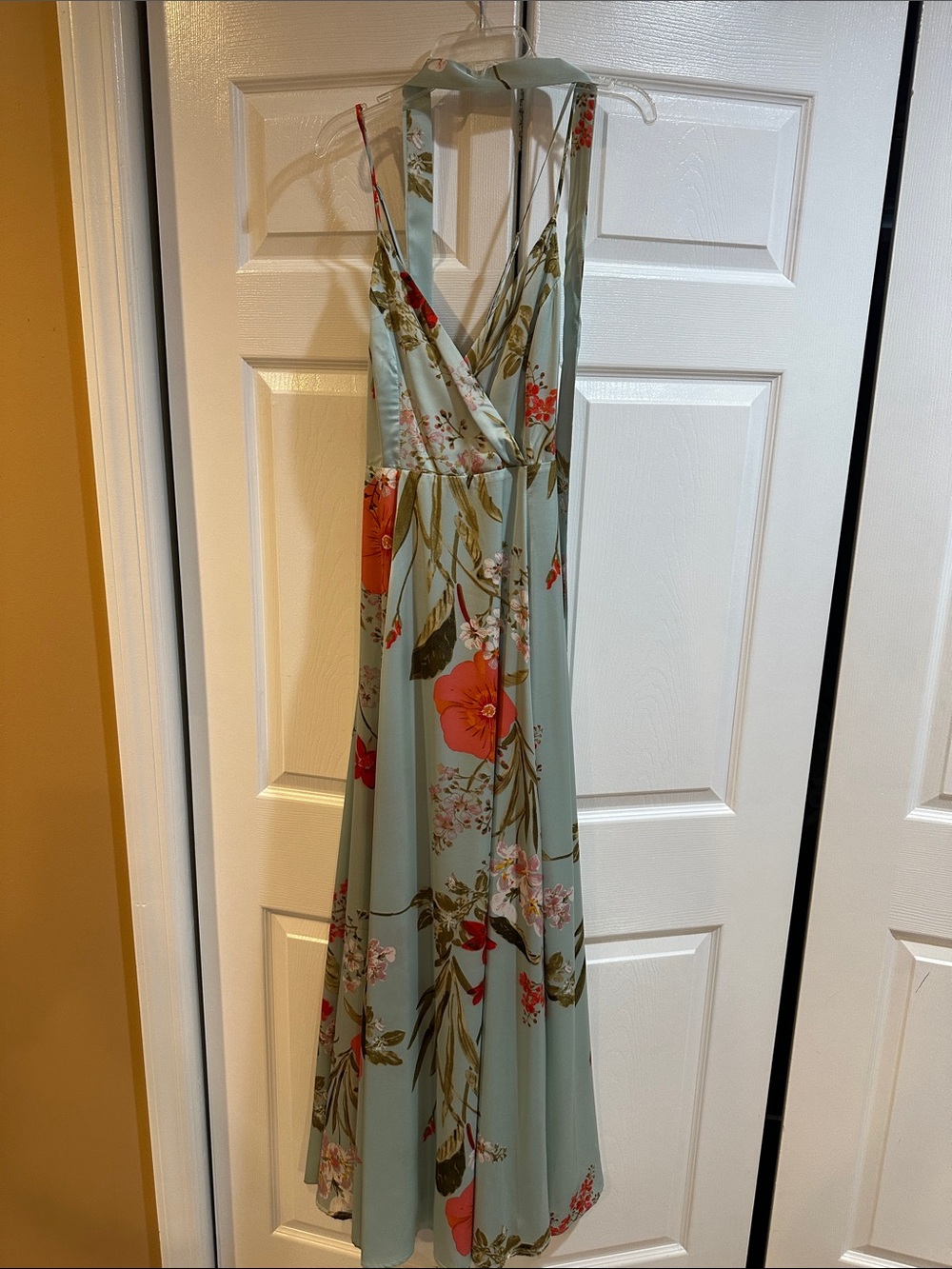 Lulu's Sage Green Floral Halter Maxi Dress with Coral Blooms